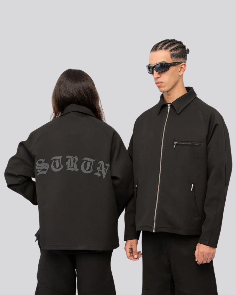 Black Full-Zip Motorsports Jacket with Raglan Sleeves and Back Graphic