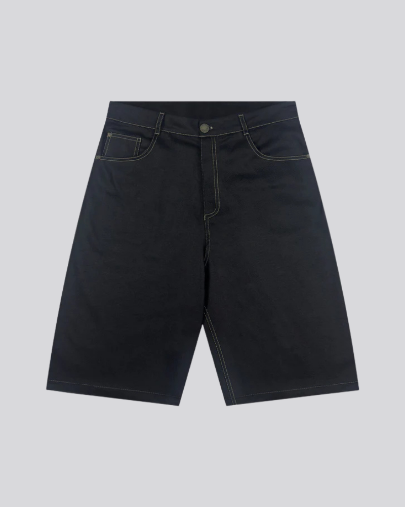 Black Straight-Leg Shorts with Contrast Yellow Stitching and Five-Pocket Design