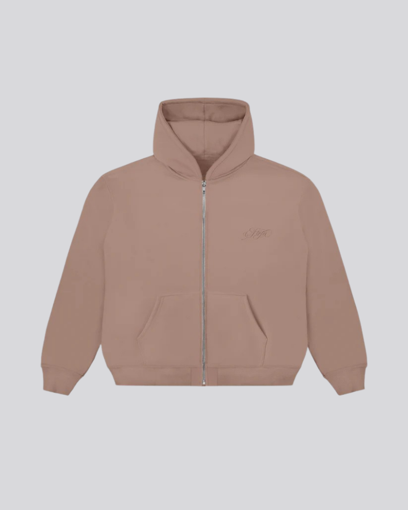 Light Tobacco Full-Zip Hoodie with Ribbed Trim and Chest Detail