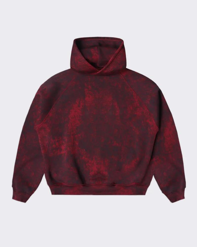 Red and Black Acid-Wash Hooded Sweatshirt with Raglan Sleeves