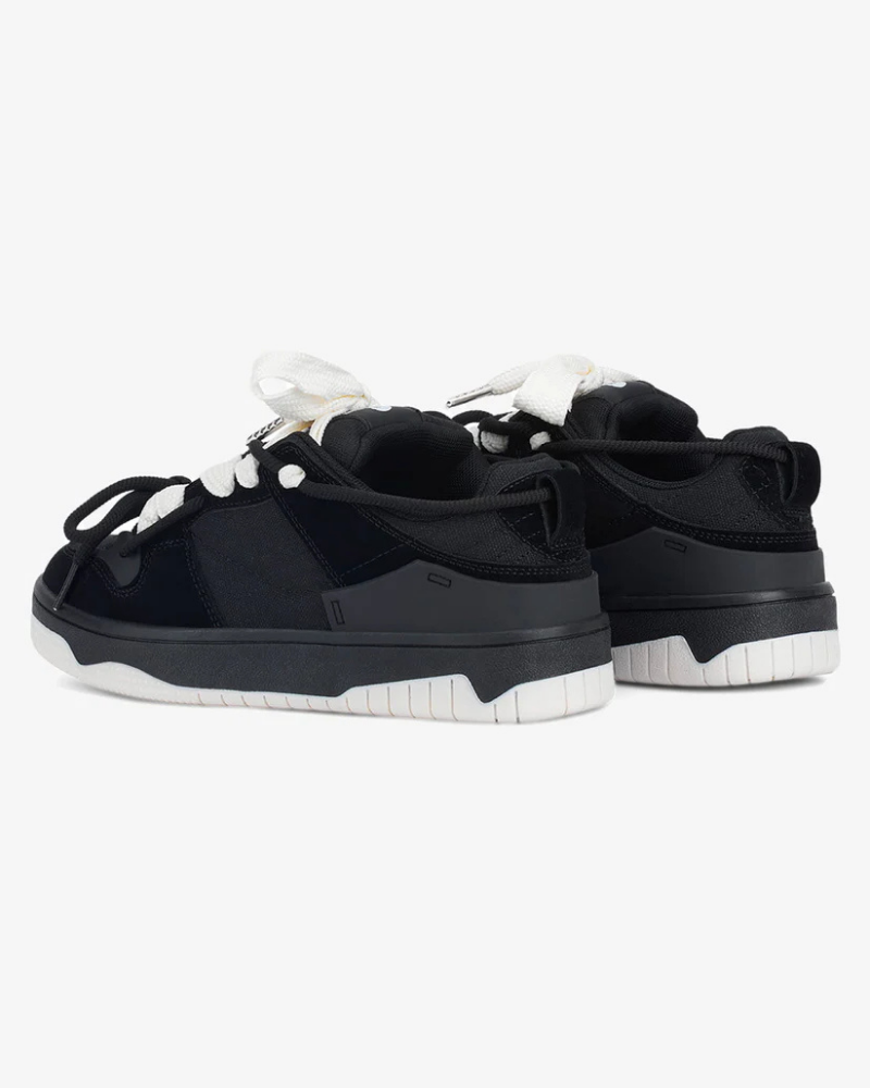 Low-Top Athletic Sneakers in Cream and Black with Reflective-Style Overlays