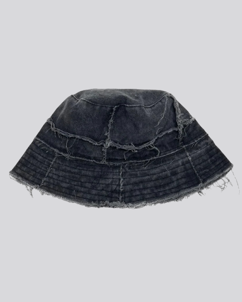 Black Ripped Denim Bucket Hat with Raw Frayed Edges