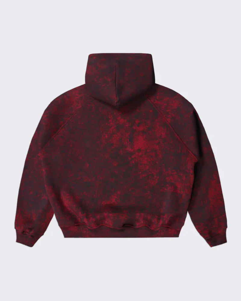 Red and Black Acid-Wash Hooded Sweatshirt with Raglan Sleeves