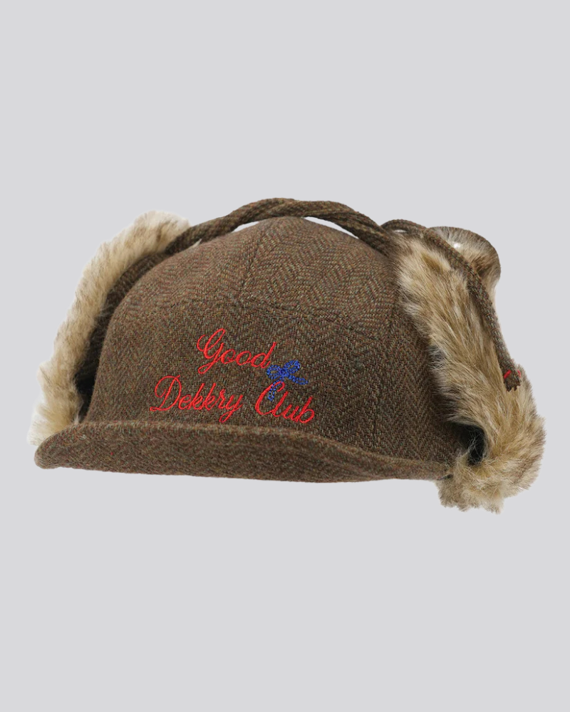 Brown Herringbone Tweed Cap with Faux Fur Ear Flaps and Embroidery