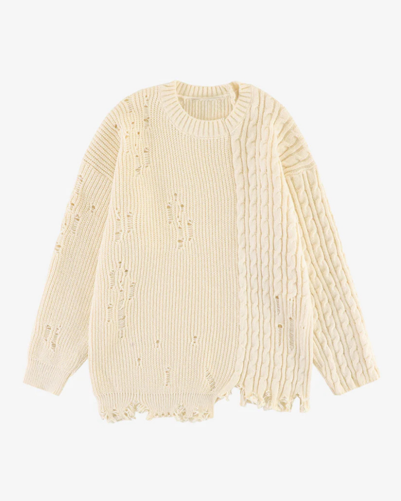 Distressed Cable Knit Polo Sweater with Open Stitch Detail
