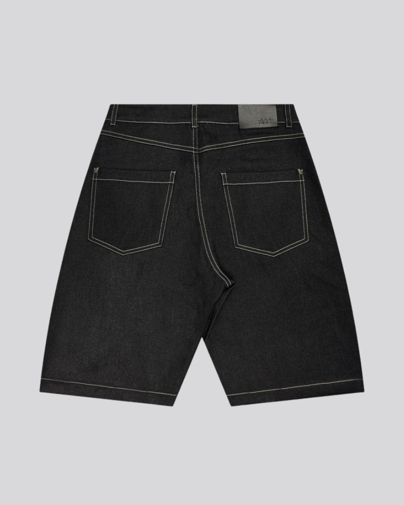 Black Straight-Leg Denim Shorts with Front Pleats and Contrast Stitching