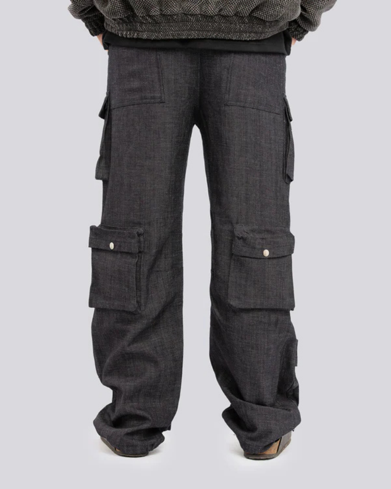 Dark Gray Denim Combat Cargo Pants with Elastic Waist and Multi-Pocket Design
