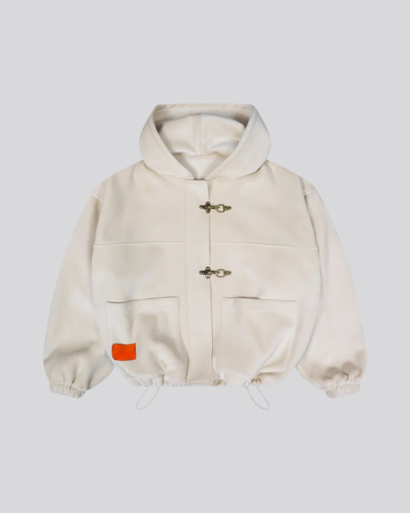 Women's Cream Soft-Tech Hooded Jacket with Metal Fireman Clasp Closures