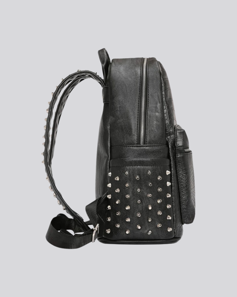 Black Faux Leather Backpack with Crocodile Texture and Rivet Studs