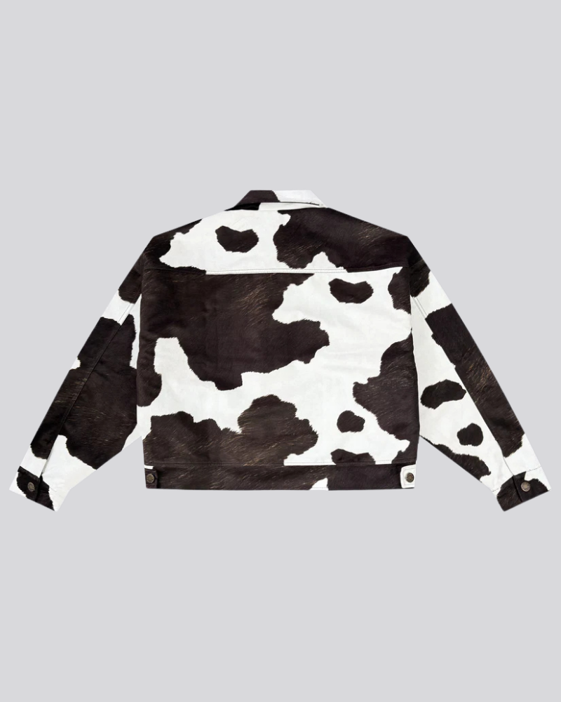 Cow Print Trucker Jacket with Textured Finish and Metal Hardware