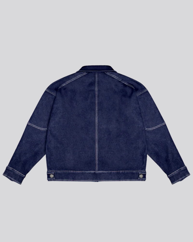 Heavyweight Dark Blue Denim Jacket with Contrast Stitching and Zipper Pockets