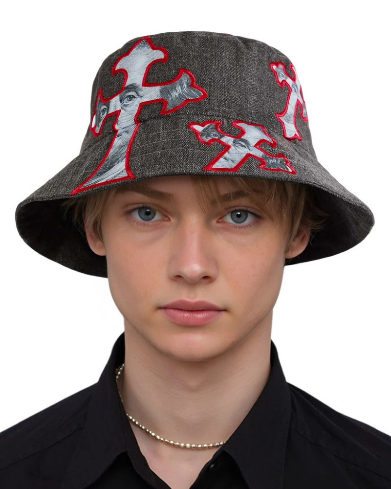Denim Bucket Hat with Cross Applique and Portrait Detail