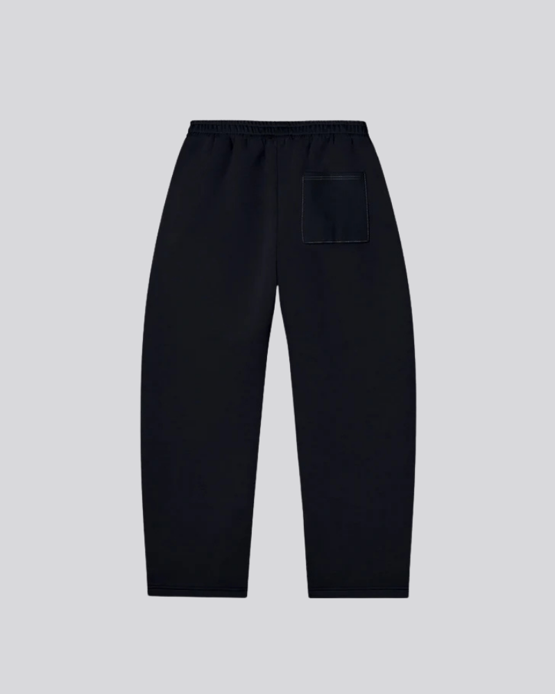Black Relaxed-Fit Trousers with Curved Contrast Piping and Elastic Waist