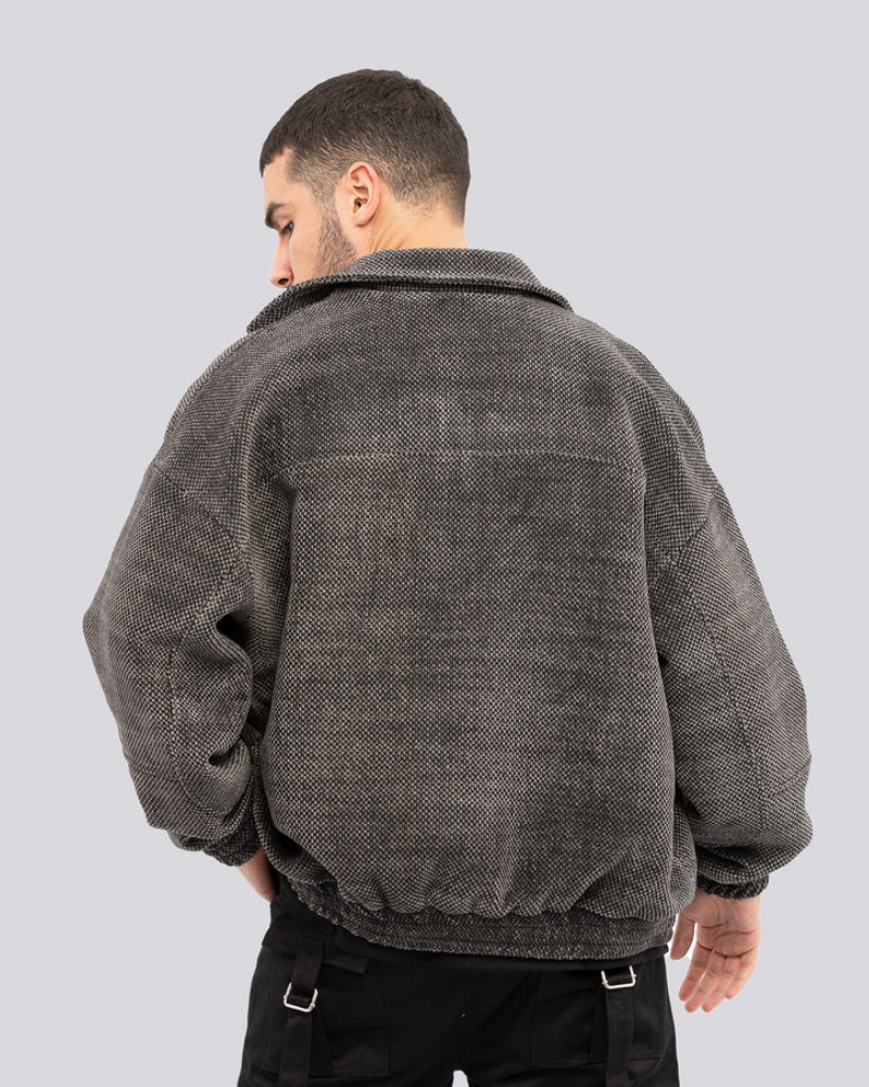 Men's Charcoal Textured Zip-Up Jacket with Spread Collar