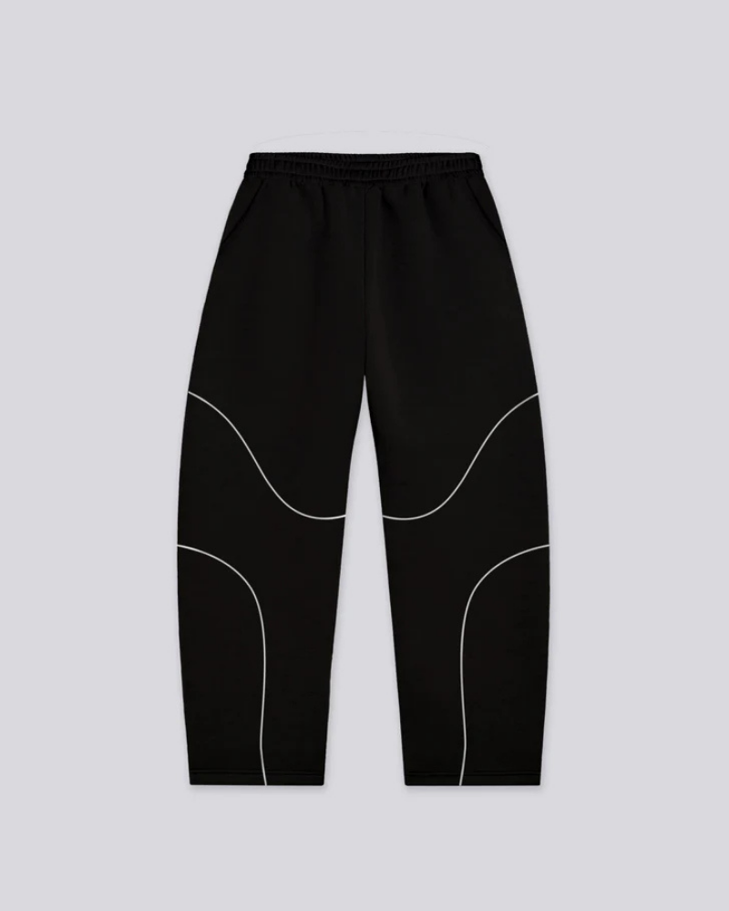Black Relaxed-Fit Trousers with White Contrast Piping and Elastic Waist