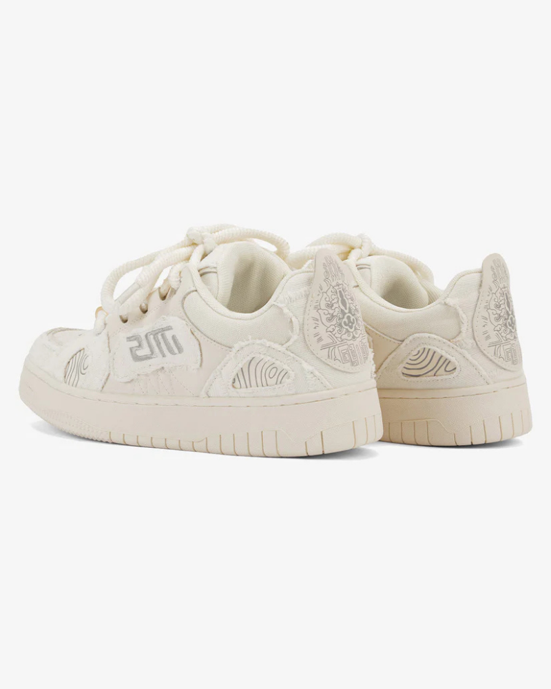Cream Low-Top Sneakers with Distressed Canvas Overlays and Rope Laces