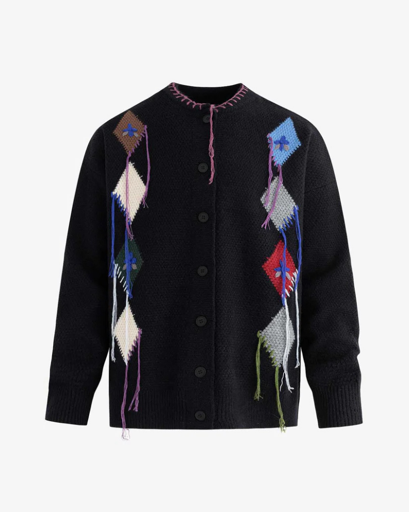Black Textured Knit Cardigan with Diamond Patchwork and Fringe Details
