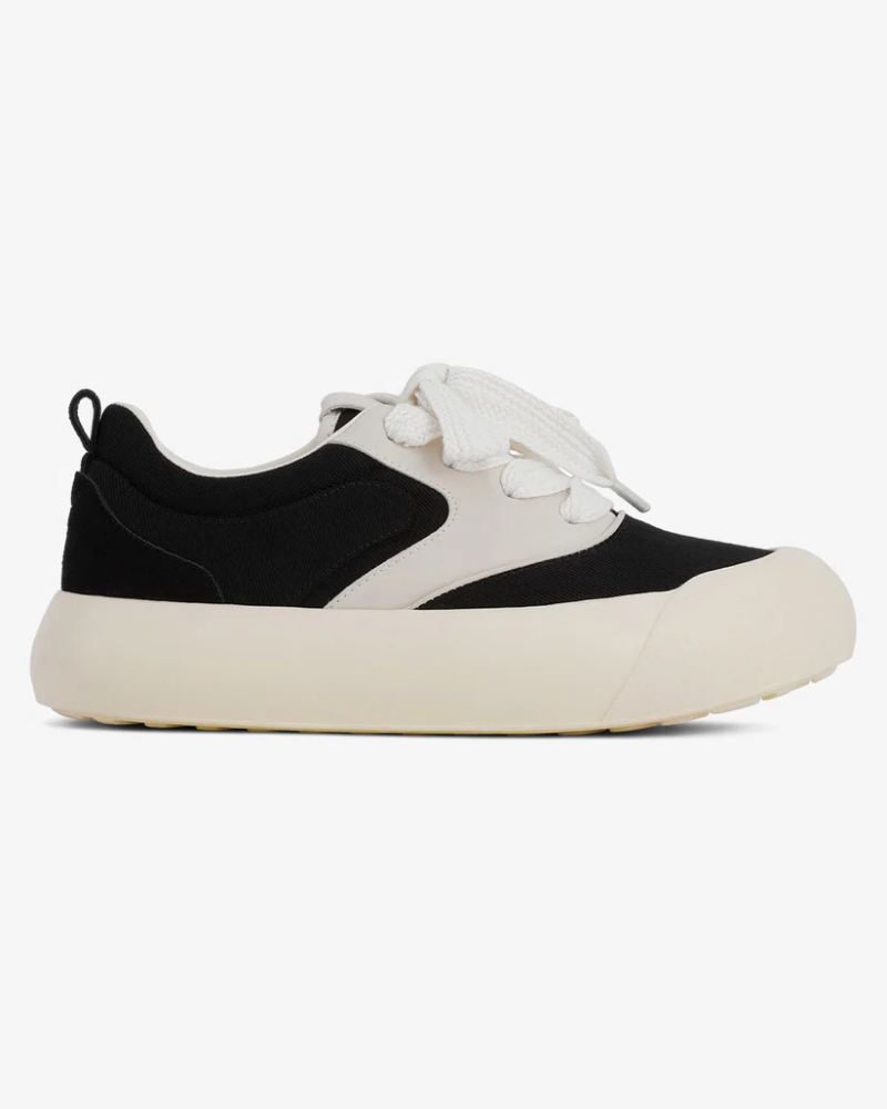 Black and Cream Chunky Low-Top Sneakers with Bulbous Toe and Wide Laces