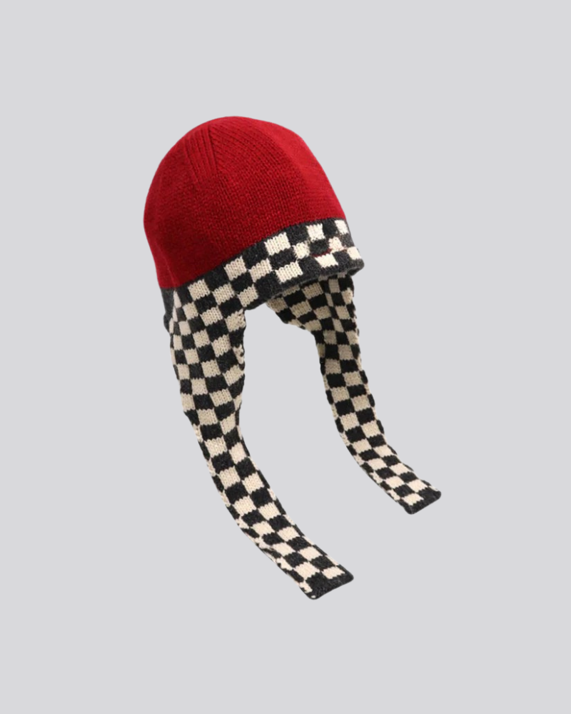 Red Knit Beanie with Checkerboard Earflaps and Long Ties
