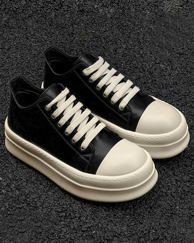 Black Low-Top Chunky Platform Sneakers with Cream Bulbous Toe Cap