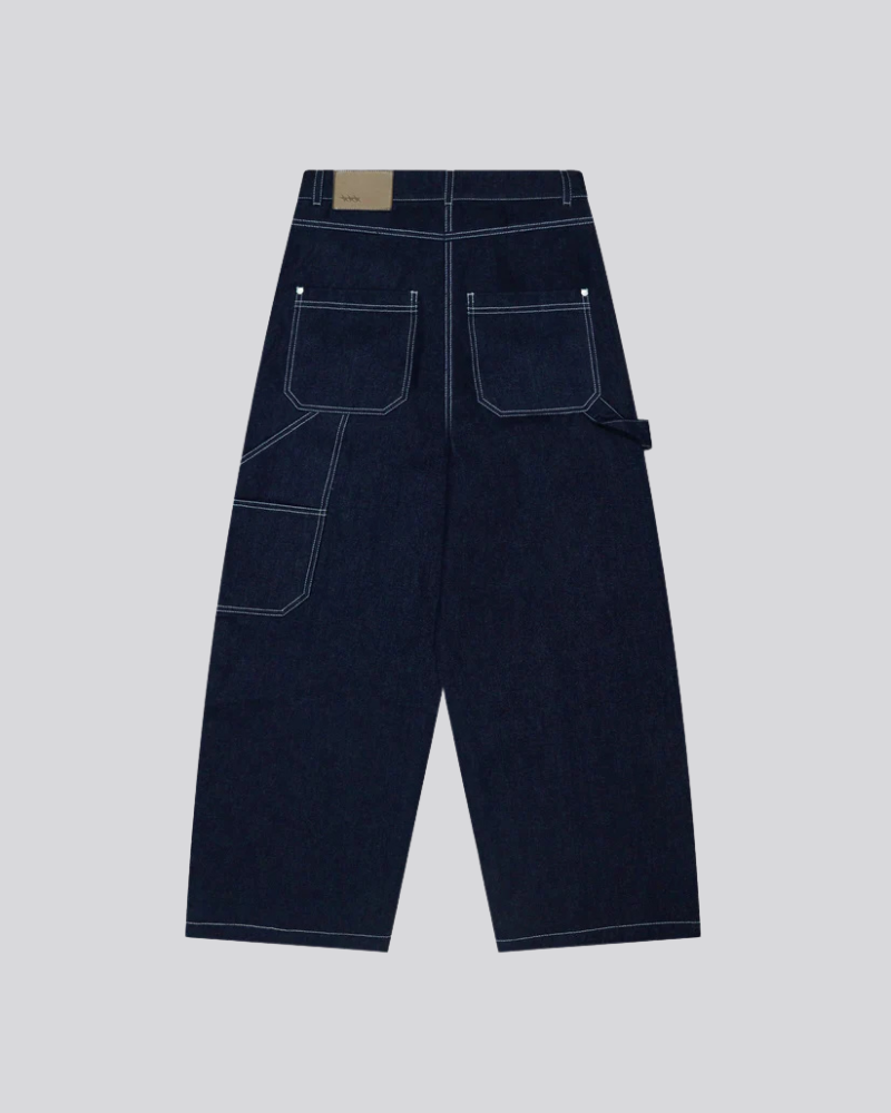 Wide-Leg Raw Denim Carpenter Pants - Dark Blue with Contrast Stitching