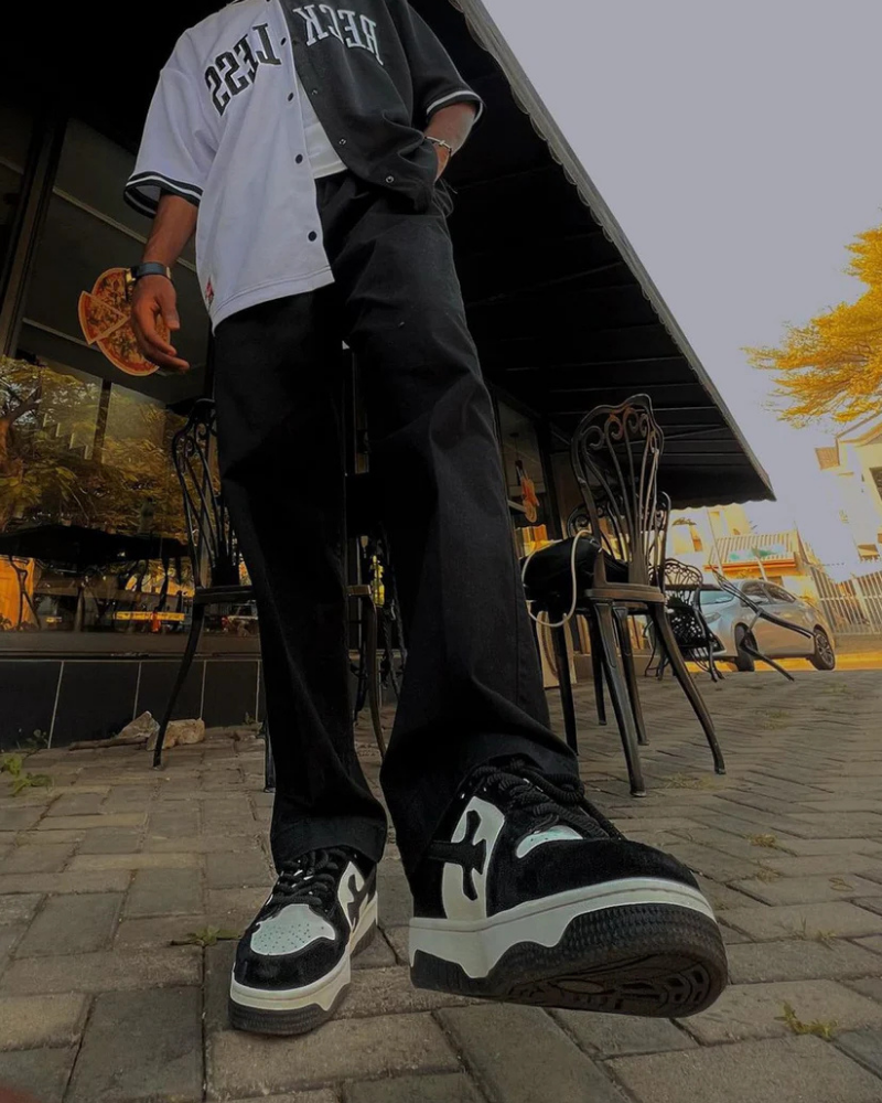 Black and White Low-Top Sneakers with Cross Applique Details