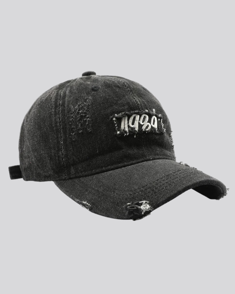 Distressed Denim Baseball Cap with 1989 Embroidered Patch