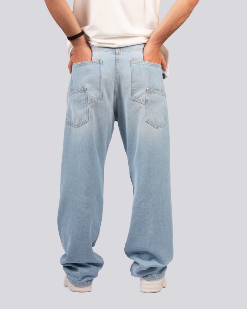 Light Blue Denim Wide Leg Jeans with Gold Contrast Stitching and Metal Button Closure