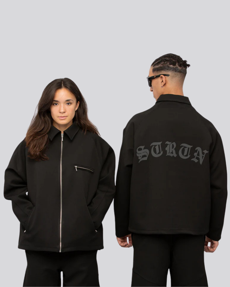 Black Full-Zip Motorsports Jacket with Raglan Sleeves and Back Graphic