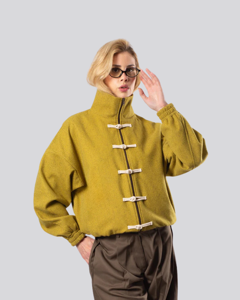 Women’s High-Neck Zip Jacket - Mustard Yellow - Wool Blend Outerwear