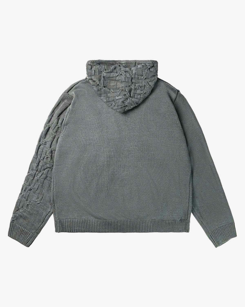 Grey Asymmetric Irregular Knit Hooded Sweater with Button Placket