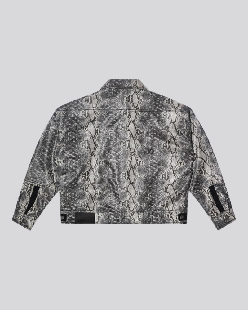 Snakeskin Pattern Vegan Leather Jacket with Contrast Piping and Front Pockets