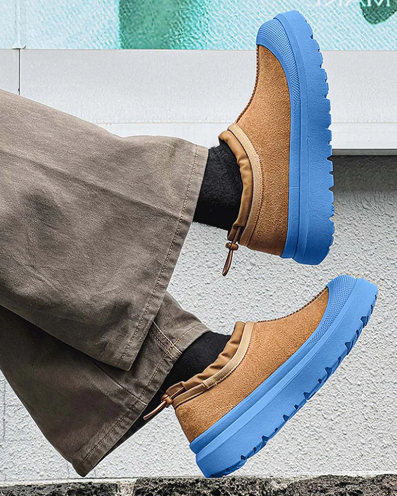 Brown Slip-On Ankle Boots with Thick Blue Rubber Sole and Fleece Lining