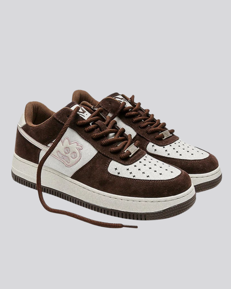 Dark Brown and White Low-Top Sneakers with Rope Laces and Embroidered Graphic