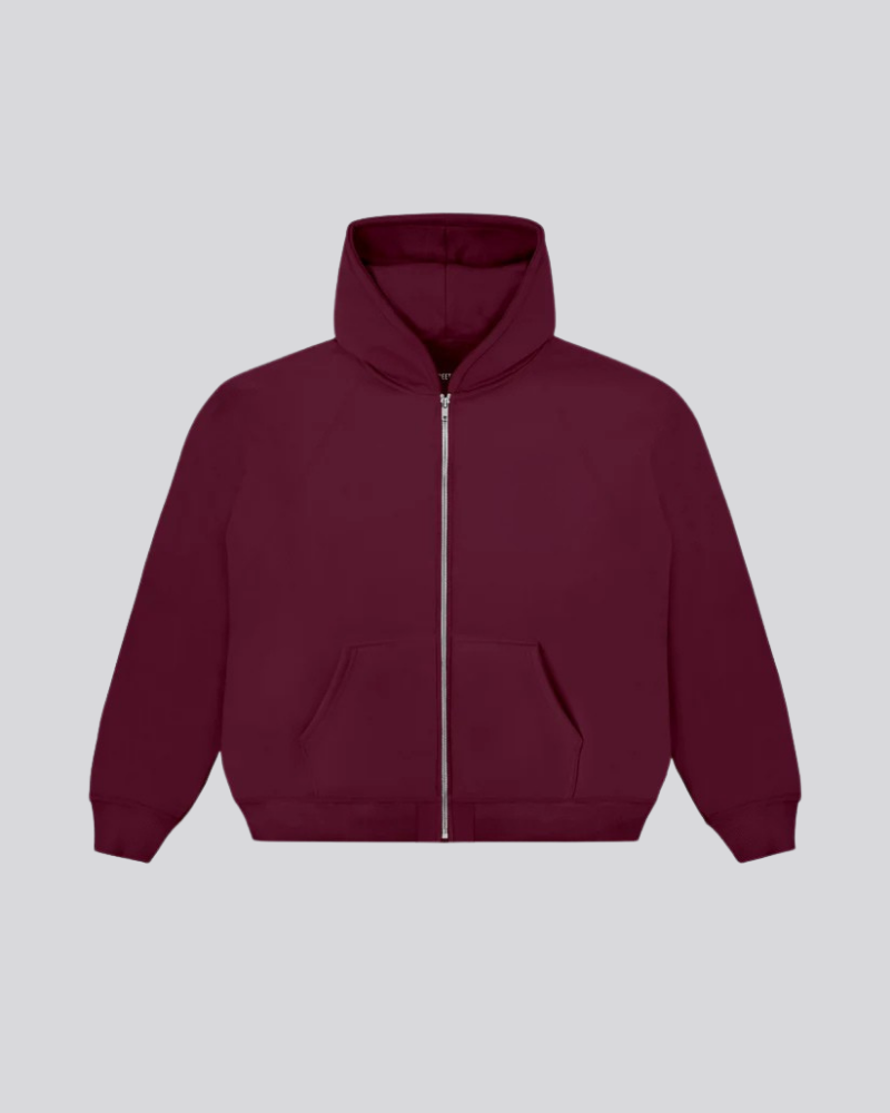 Men’s Burgundy Raglan Zip-Up Hoodie with Kangaroo Pockets
