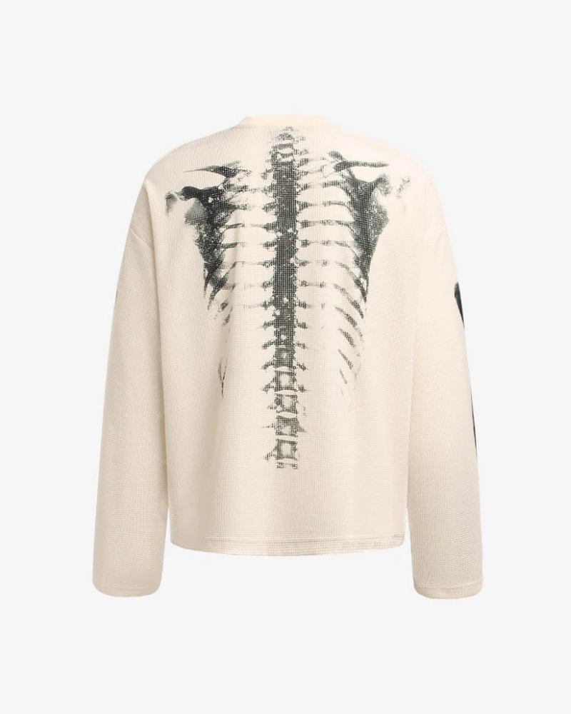 Beige Waffle Knit Long-Sleeve Sweater with Skeleton Ribcage Graphic