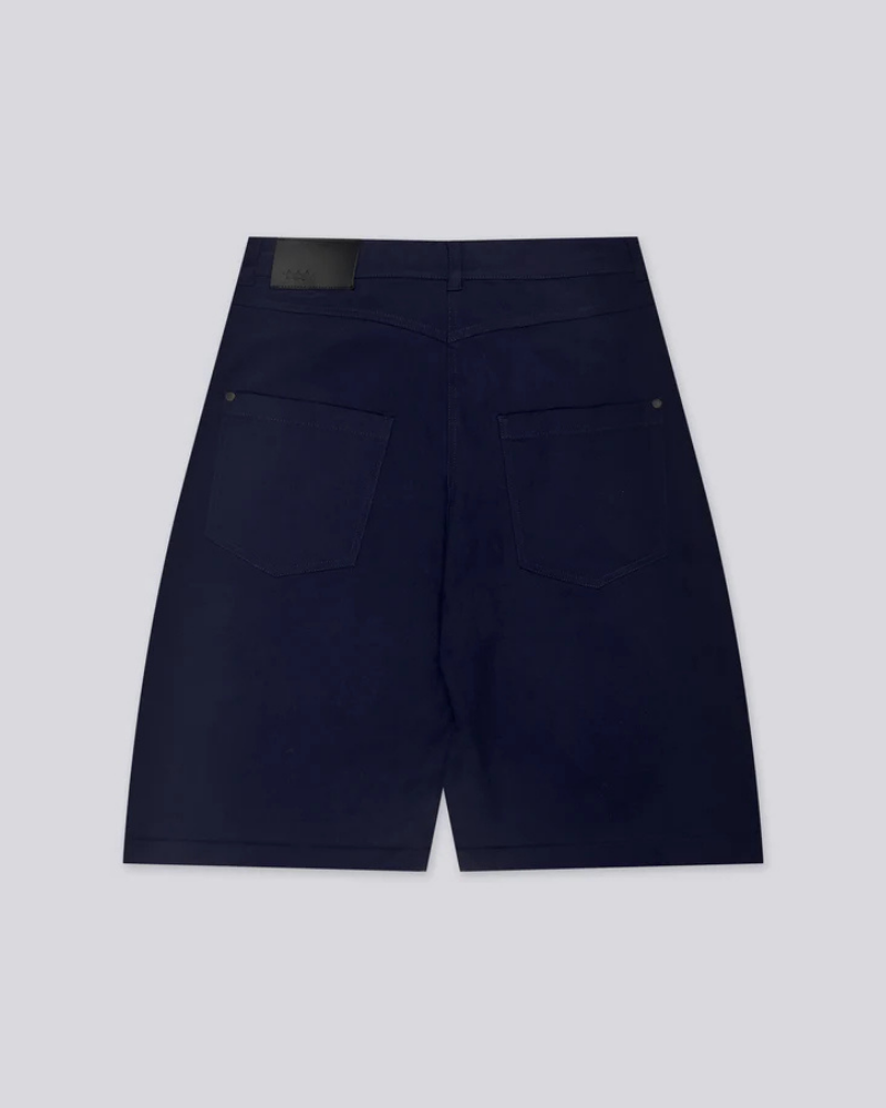 Navy Blue Straight-Leg Shorts with Five-Pocket Styling and Metallic Hardware