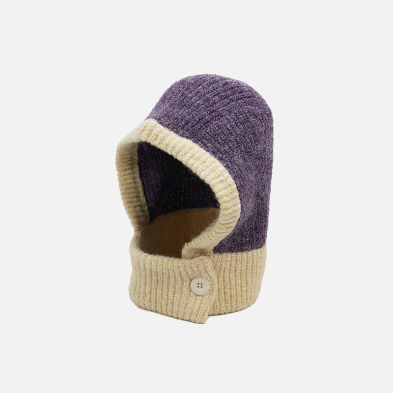 Chunky Knit Color-Block Balaclava with Button Closure