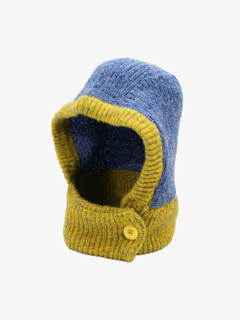 Chunky Knit Color-Block Balaclava with Button Closure
