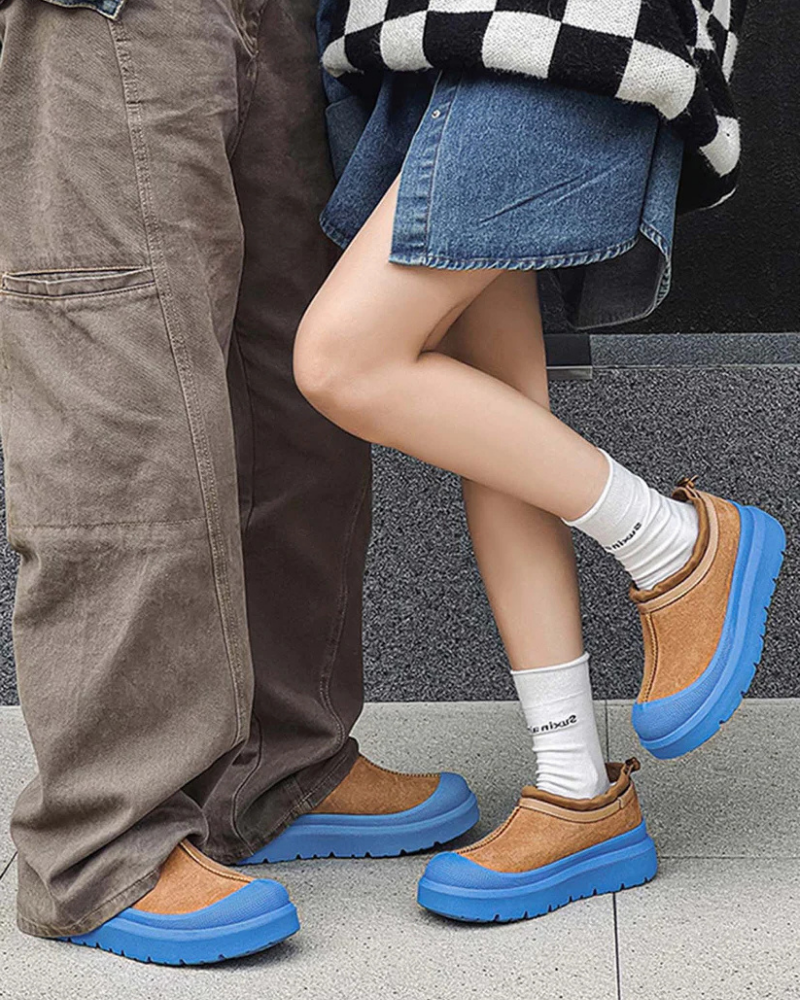 Brown Slip-On Ankle Boots with Thick Blue Rubber Sole and Fleece Lining