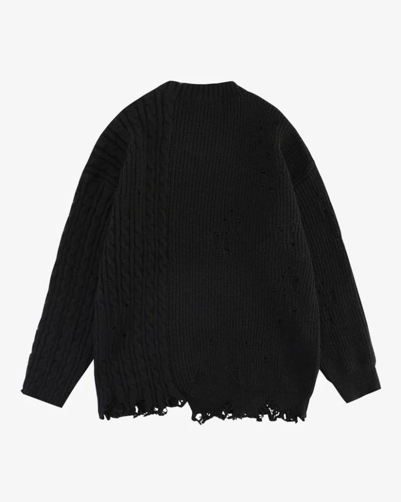 Distressed Cable Knit Polo Sweater with Open Stitch Detail