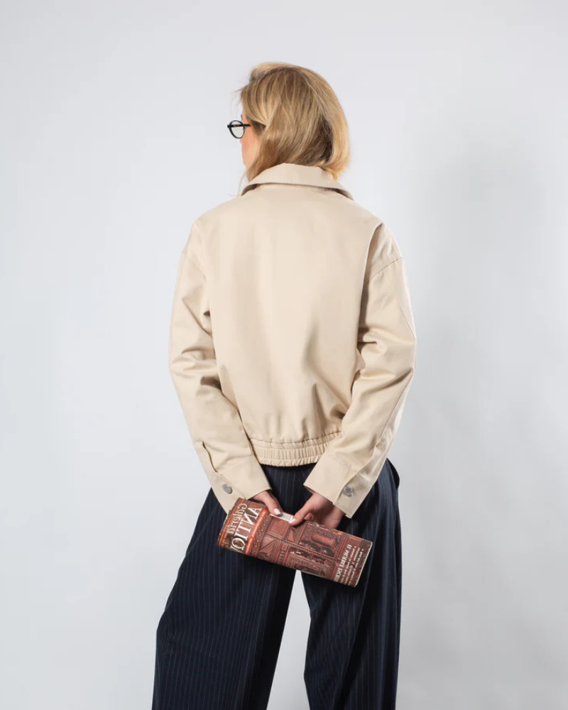 Women's Cream Zip-Up Harrington Jacket with Embroidered Chest Graphic