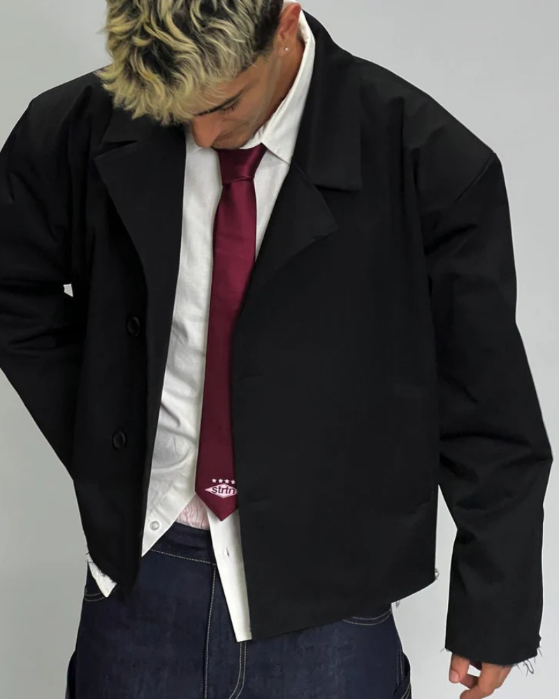 Black Cropped Trench Coat with Raw Hem and Double-Button Closure