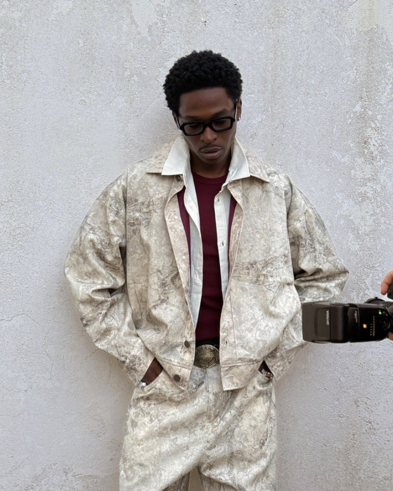 Unisex Sand Moss Camouflage Patterned Jacket with Full Button Front