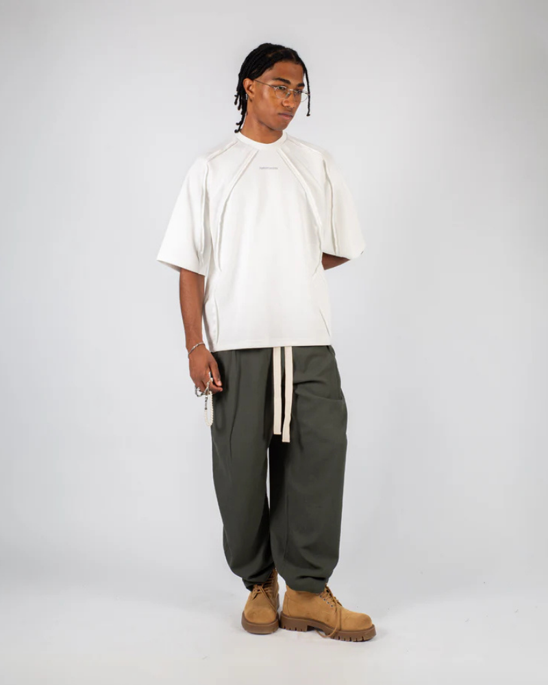 Olive Green Wide-Leg Trousers with Elastic Waist and Contrast Drawstring