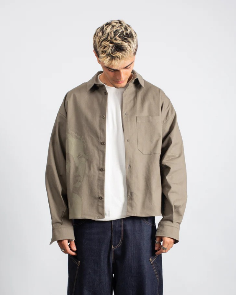 Oversized Long Sleeve Button-Up Shirt with Tonal Graphic Print - Taupe