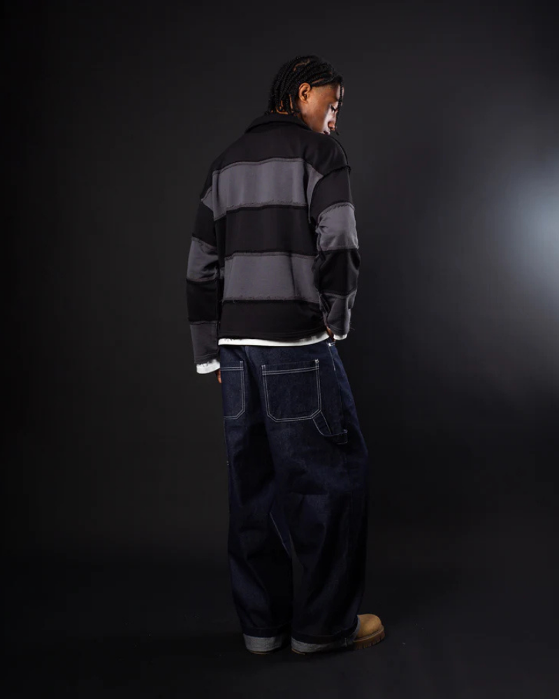 Black and Gray Striped Distressed Short-Sleeve Polo Shirt