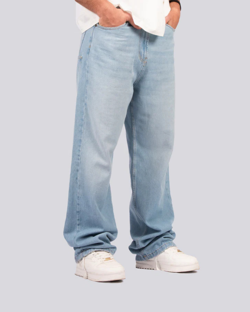 Light Blue Denim Wide Leg Jeans with Gold Contrast Stitching and Metal Button Closure
