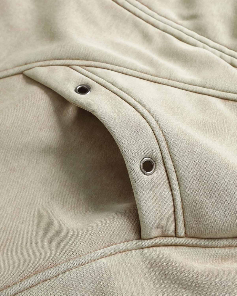 Beige Washed Zip-Up Hoodie with Utility Grommets and Distressed Seams