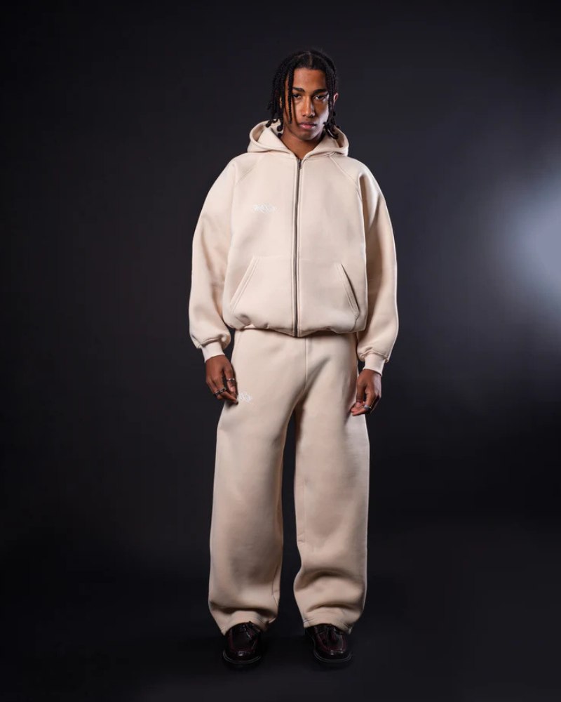 STRTN Cream Zip-Up Hoodie with Raglan Sleeves and Embroidered Logo